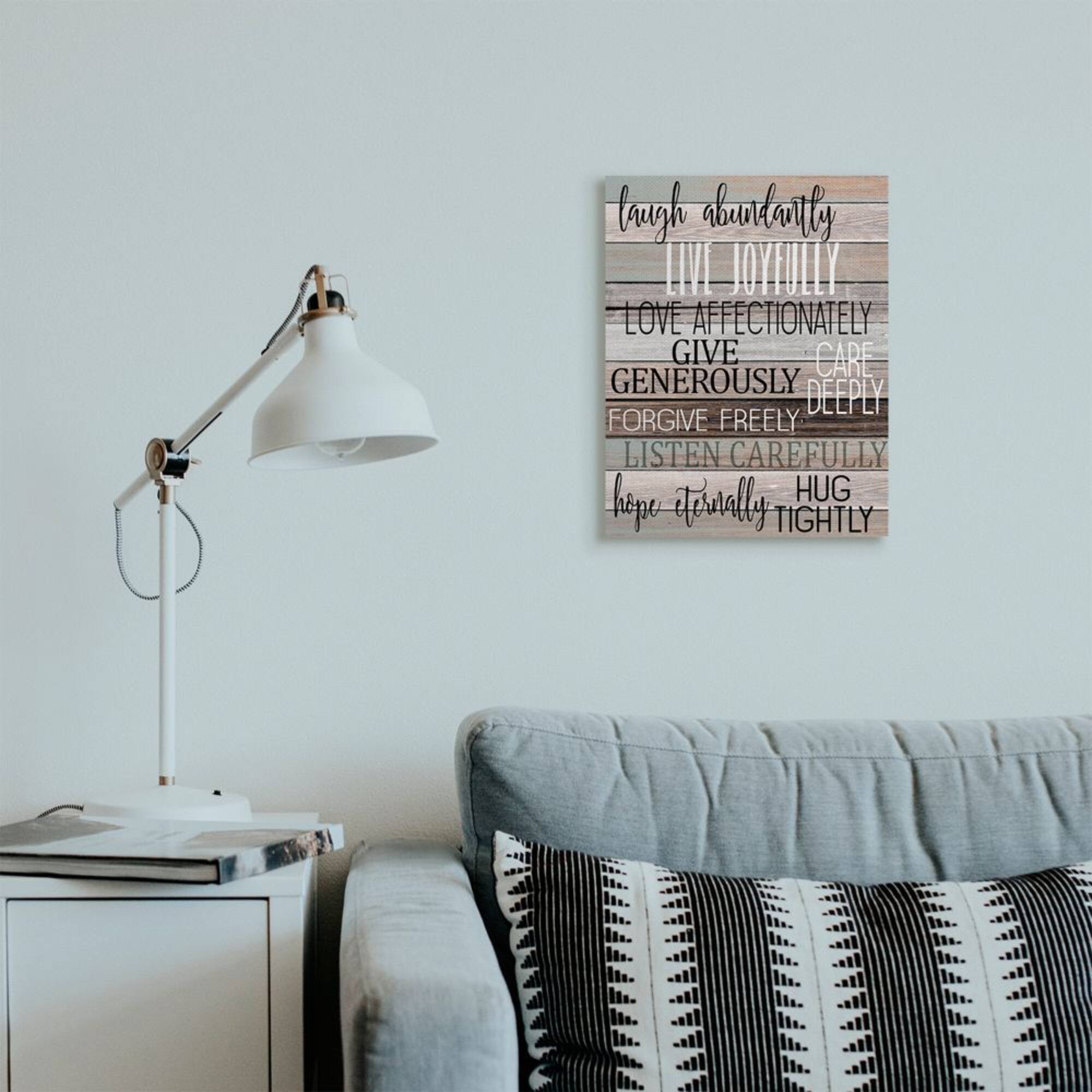 Stupell Industries Live Joyfully Phrases on Wood Grain Brown Tan Teal Canvas Wall Art
